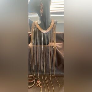 Gold Fringe Bib Statement Necklace with Rhinestone Accents and Red Earrings -